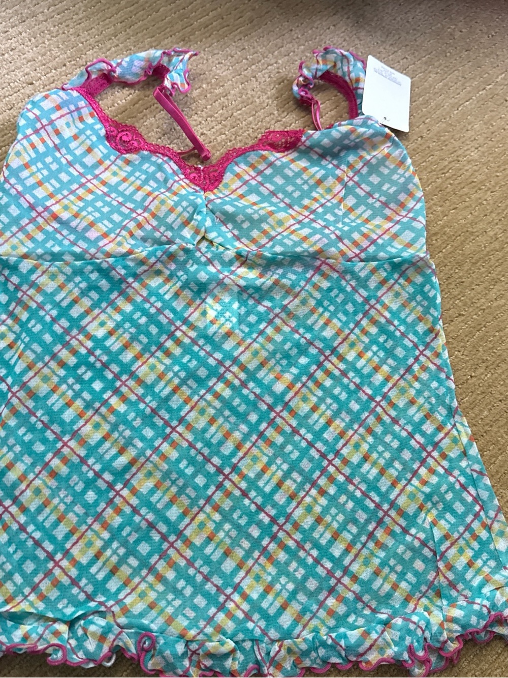Rene Rofe Teal Plaid Chemise with Pink Lace Trim